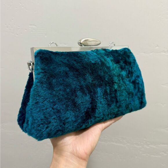 Peacock Blue Handmade Real Shearling Push Lock Clutch/Shoulder Bag/Crossbody - Picture 13 of 16